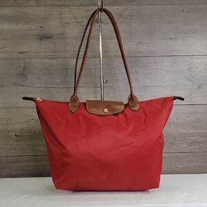 Large Longchamp Lepliage Red Tote Bag with Brown Accents